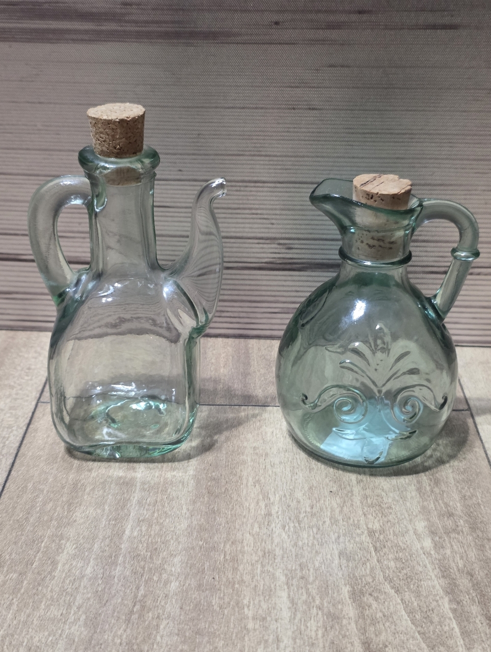 Vintage Green Glass Oil & Vinegar Bottle Set Cork Stopper